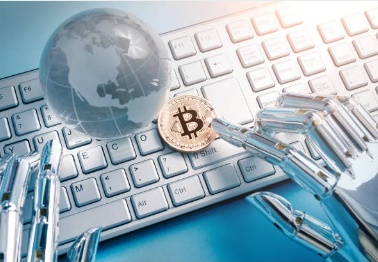 image of globe -bit-coin on keyboard and artificial hands typing